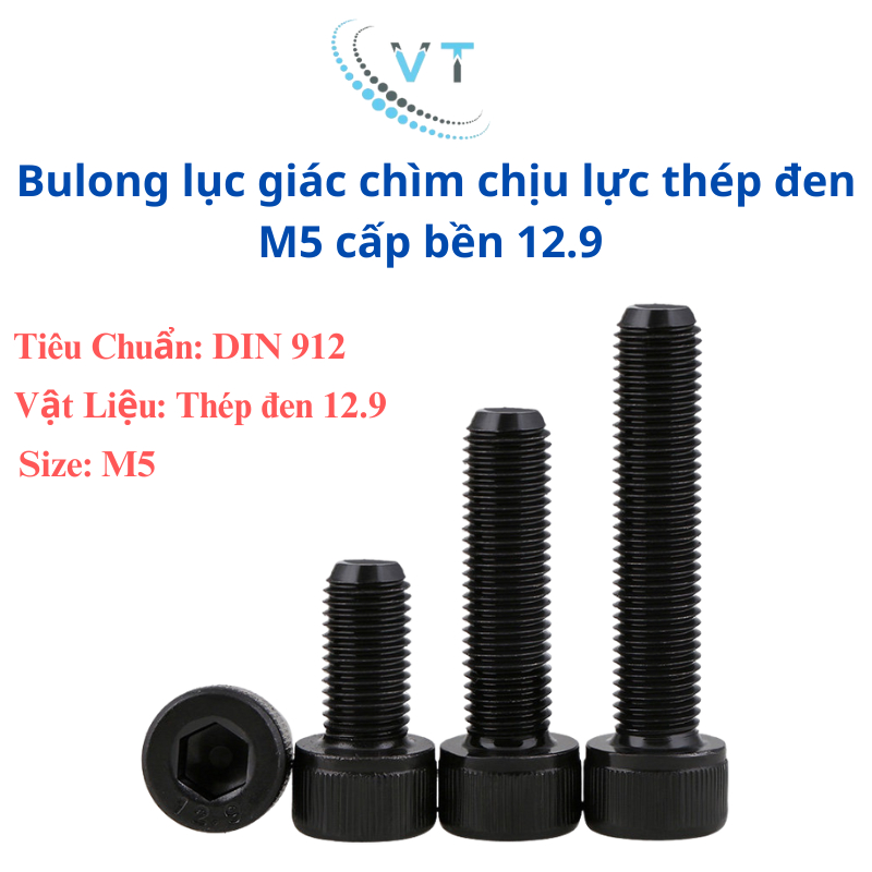 [Túi 10-20 Con] Bulong Lục Giác Chìm Đầu Trụ Thép Đen M5 (5 Ly) Cấp Bền 12.9 - Bu Lông Chịu Lực Cao Đủ Size 8mm Đến 60mm