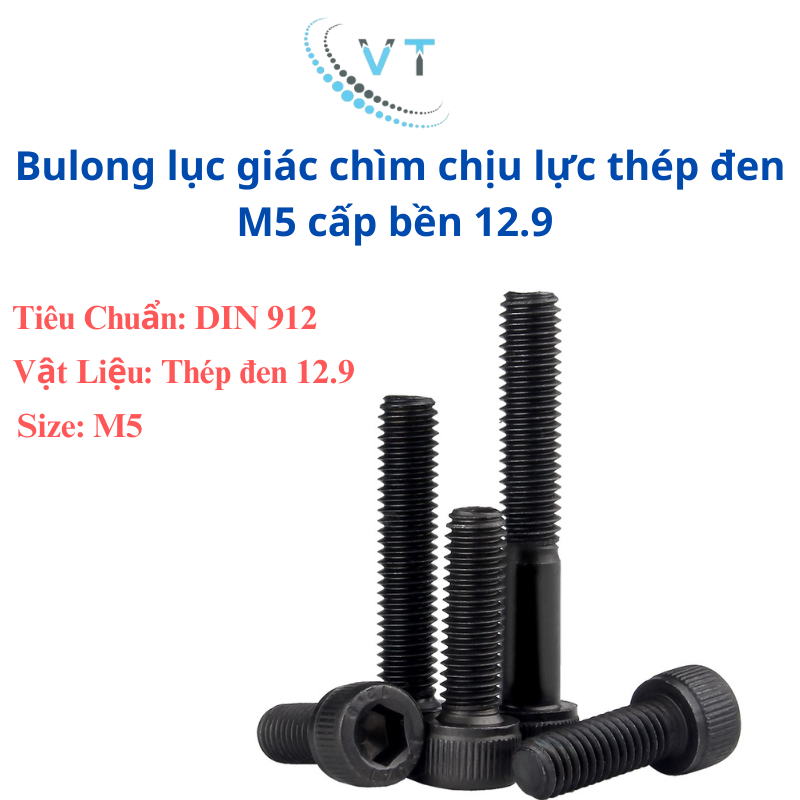 [Túi 10-20 Con] Bulong Lục Giác Chìm Đầu Trụ Thép Đen M5 (5 Ly) Cấp Bền 12.9 - Bu Lông Chịu Lực Cao Đủ Size 8mm Đến 60mm