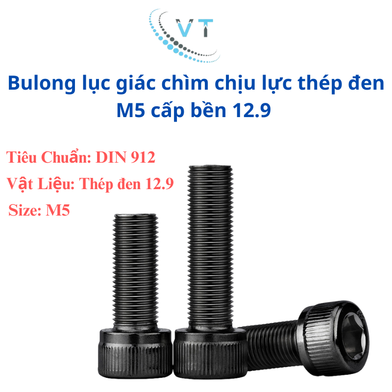 [Túi 10-20 Con] Bulong Lục Giác Chìm Đầu Trụ Thép Đen M5 (5 Ly) Cấp Bền 12.9 - Bu Lông Chịu Lực Cao Đủ Size 8mm Đến 60mm