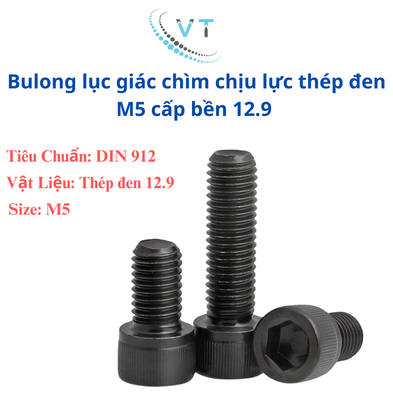 [Túi 10-20 Con] Bulong Lục Giác Chìm Đầu Trụ Thép Đen M5 (5 Ly) Cấp Bền 12.9 - Bu Lông Chịu Lực Cao Đủ Size 8mm Đến 60mm