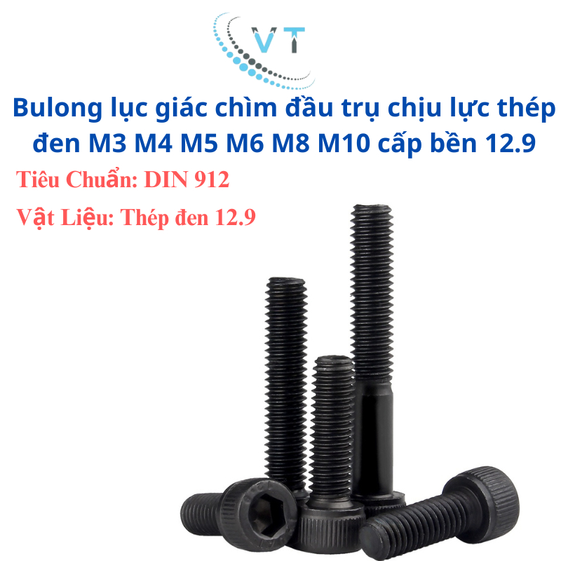 Bulong lục giác chìm đầu trụ chịu lực thép đen M6 M8 M10 cấp bền 12.9