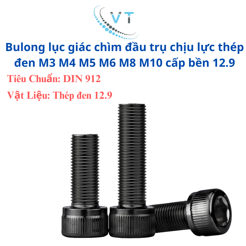 Bulong lục giác chìm đầu trụ chịu lực thép đen M6 M8 M10 cấp bền 12.9