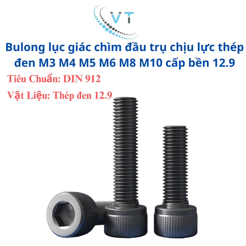 Bulong lục giác chìm đầu trụ chịu lực thép đen M6 M8 M10 cấp bền 12.9