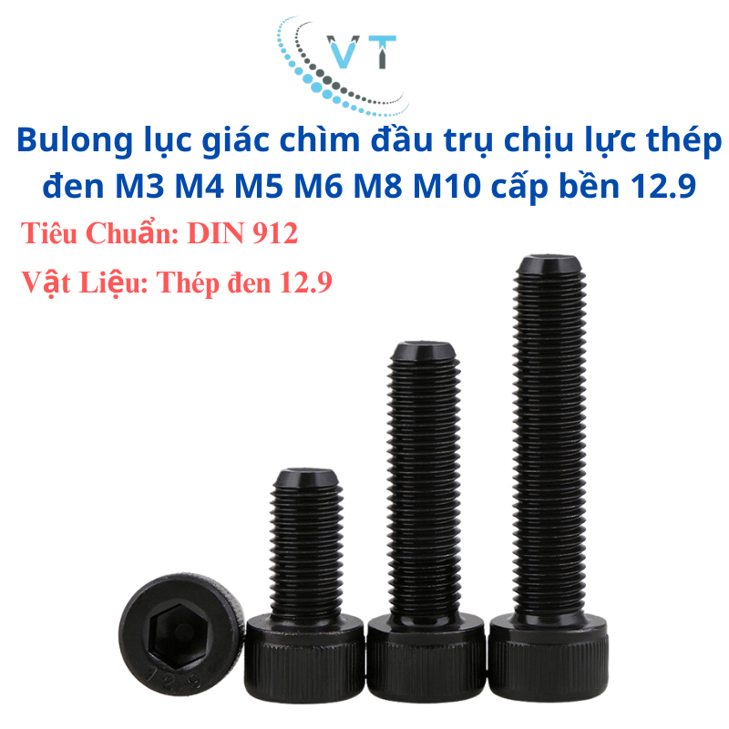Bulong lục giác chìm đầu trụ chịu lực thép đen M6 M8 M10 cấp bền 12.9