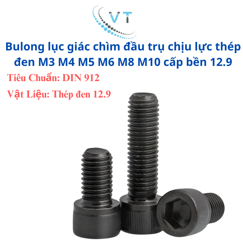 Bulong lục giác chìm đầu trụ chịu lực thép đen M6 M8 M10 cấp bền 12.9