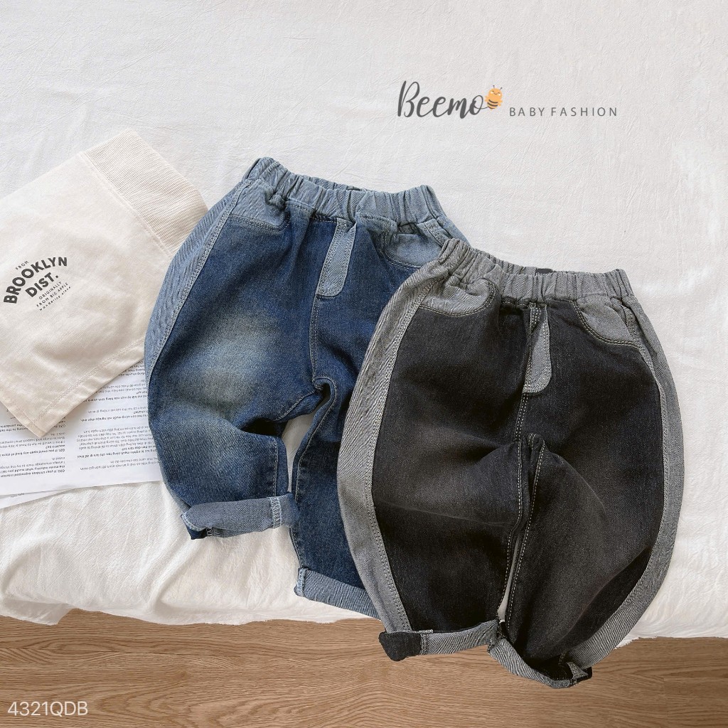 Quần bò trơn màu cá tính bé trai, quần jeans co dãn phối line cá tính cho bé Beemo