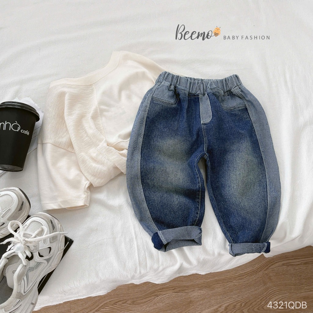 Quần bò trơn màu cá tính bé trai, quần jeans co dãn phối line cá tính cho bé Beemo