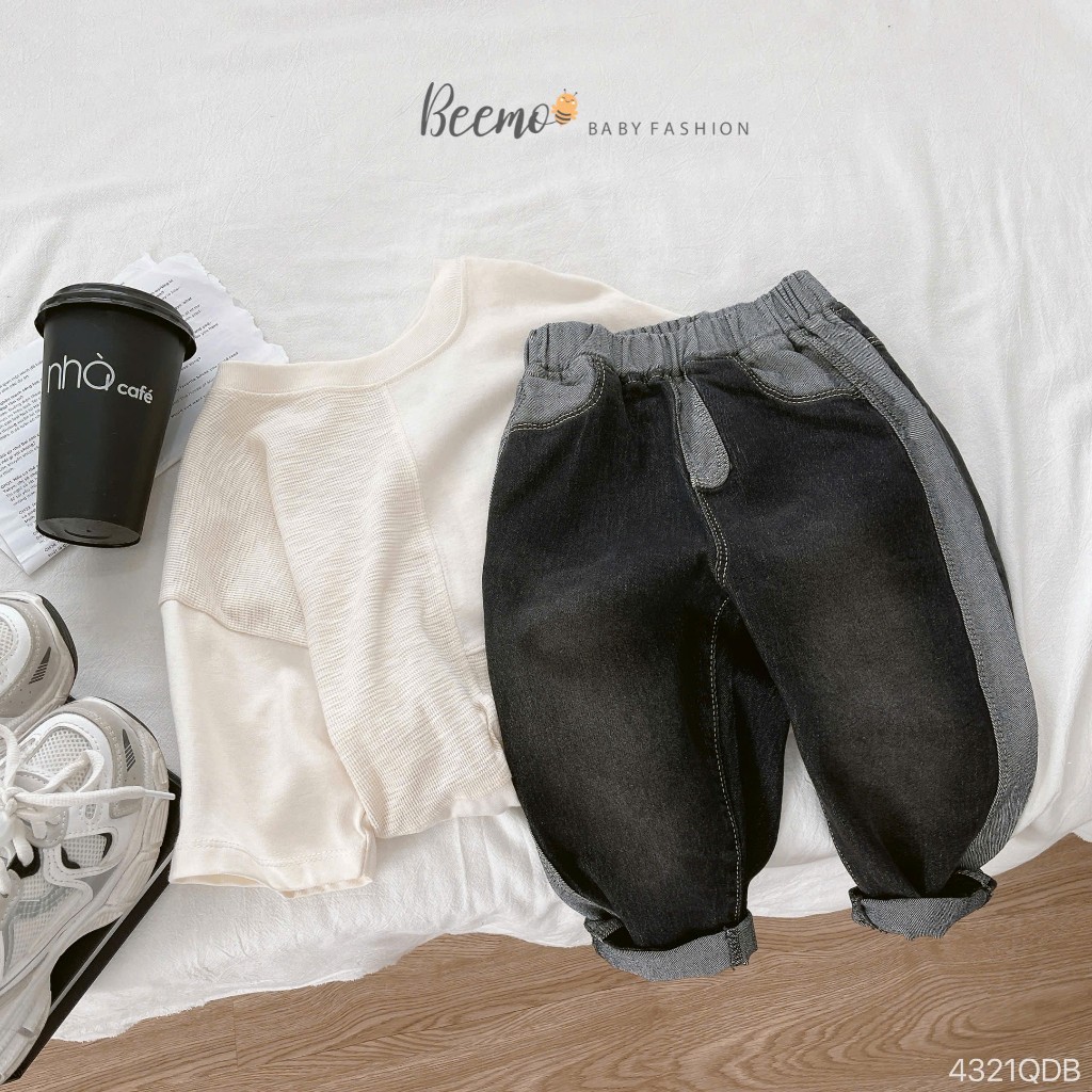 Quần bò trơn màu cá tính bé trai, quần jeans co dãn phối line cá tính cho bé Beemo