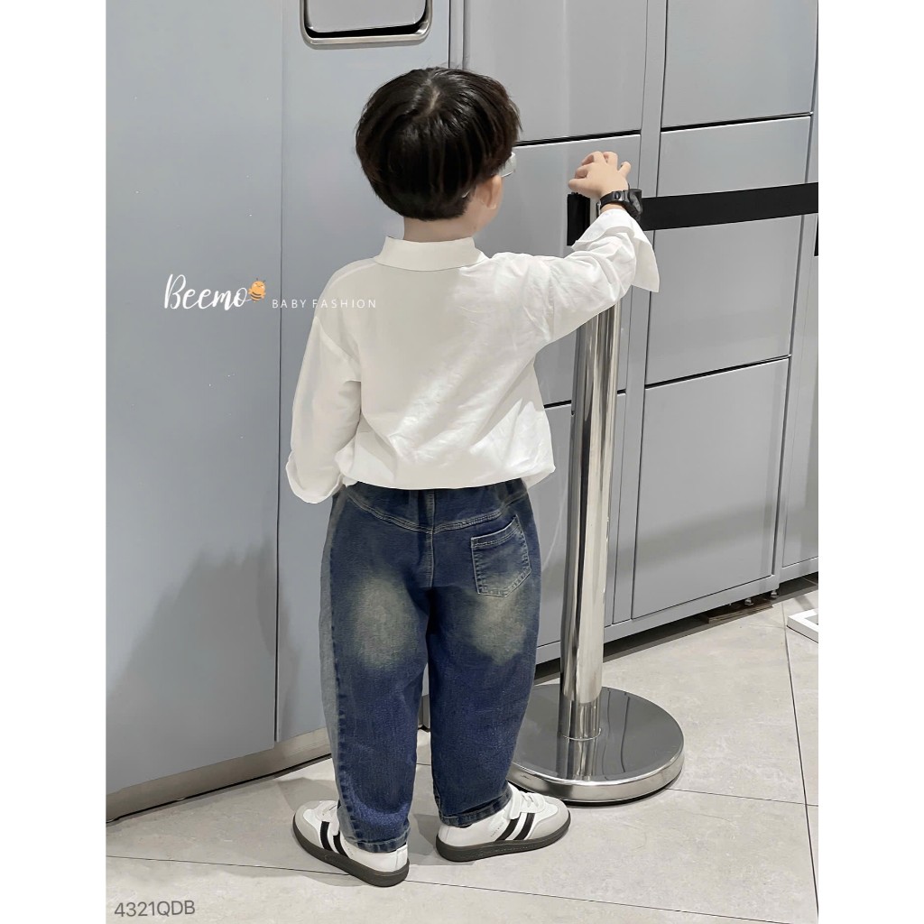 Quần bò trơn màu cá tính bé trai, quần jeans co dãn phối line cá tính cho bé Beemo