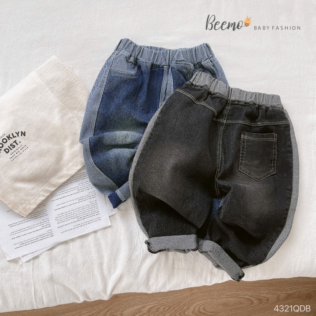 Quần bò trơn màu cá tính bé trai, quần jeans co dãn phối line cá tính cho bé Beemo