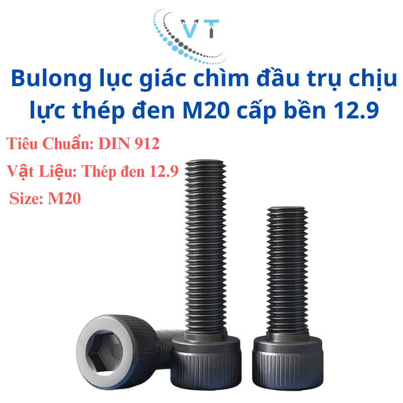 Bulong lục giác chìm chịu lực thép đen M20 cấp bền 12.9 dài từ 40-300mm