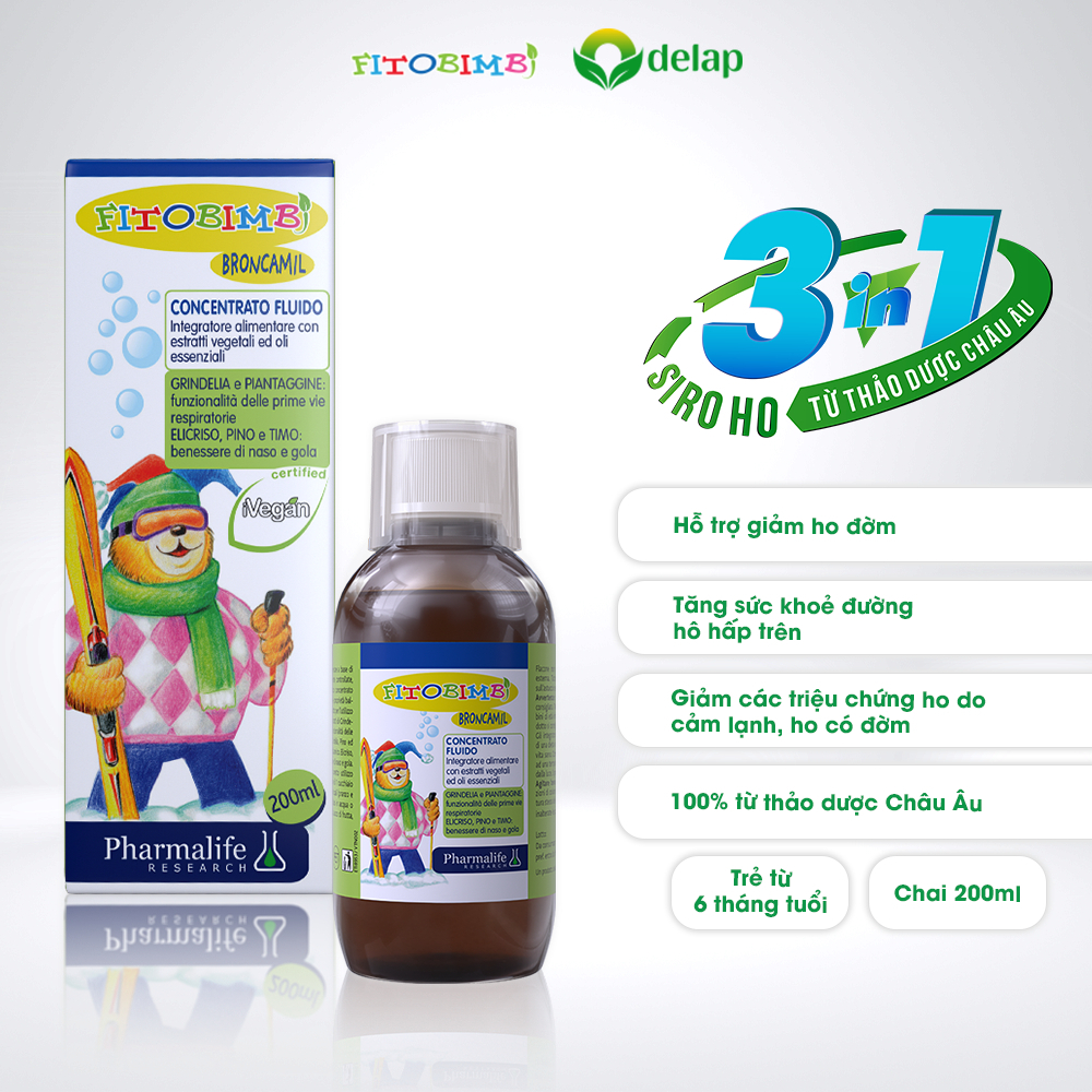 Siro Fitobimbi Broncamil Giúp Bé Giảm Ho, Viêm Họng, Loãng Đờm, Tăng Miễn Dịch Ở Trẻ Nhỏ Chai 200ml