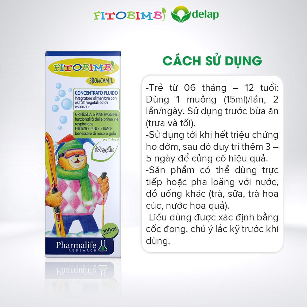 Siro Fitobimbi Broncamil Giúp Bé Giảm Ho, Viêm Họng, Loãng Đờm, Tăng Miễn Dịch Ở Trẻ Nhỏ Chai 200ml