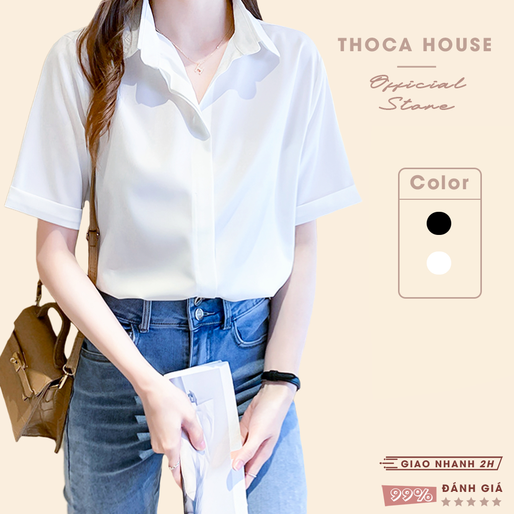 Ảnh Áo sơ mi công sở nữ trắng, đen săn tay ngắn giấu nút THOCA HOUSE vải lụa thoải mái, mát mẻ 1