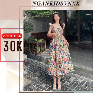 Đồ đôi mẹ và bé, Váy hoa tay cánh tiên nhún dáng dài xòe bánh bèo, phù hợp đi chơi, đi biển cho bé và mẹ TT184| NGANKIDS