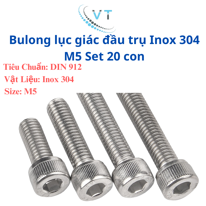 Bulong lục giác chìm đầu trụ Inox 304 M5 độ dài 6mm - 60mm (combo 20 con)