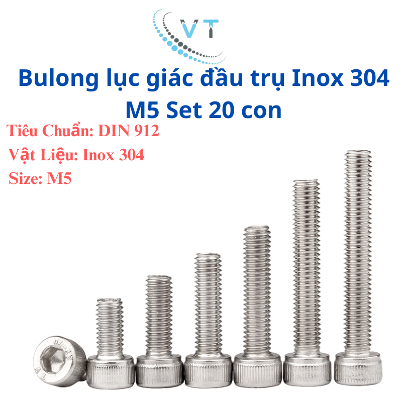 Bulong lục giác chìm đầu trụ Inox 304 M5 độ dài 6mm - 60mm (combo 20 con)