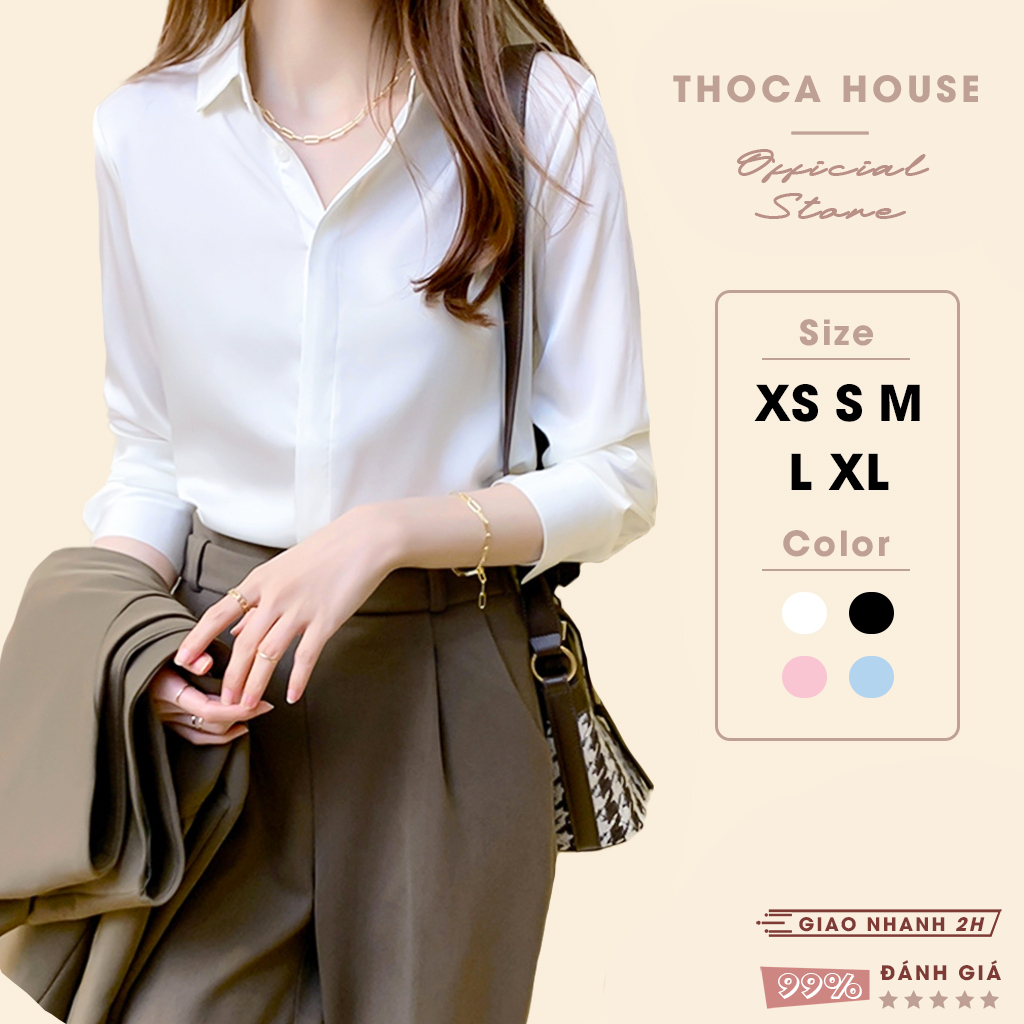Ảnh Áo sơ mi nữ dài tay trắng, đen dáng suông giấu nút THOCA HOUSE sơ mi công sở vải lụa chéo mềm mịn 1