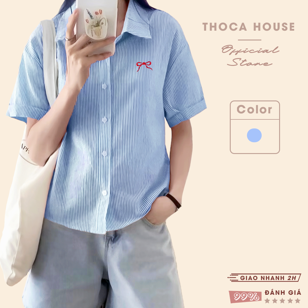 Ảnh Áo sơ mi nữ tay ngắn sọc nơ thêu săn tay THOCA HOUSE trẻ trung, sơ mi Hàn Quốc cực xinh 1