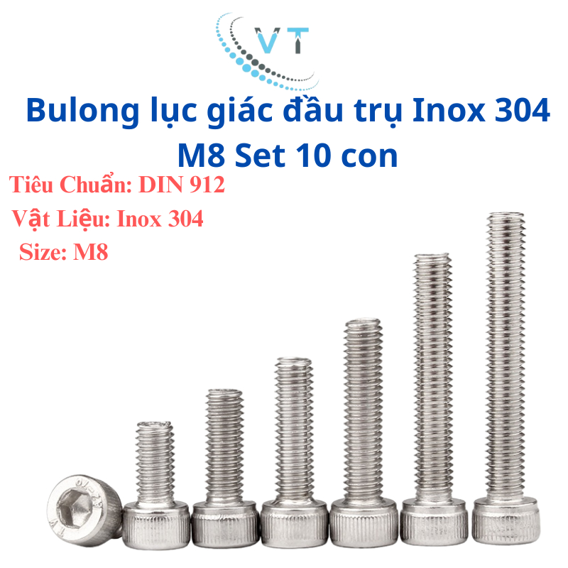 Set 10 Con Bu Lông Lục Giác Chìm Đầu Trụ Inox 304 M8 (8 Ly) Dài 15mm Đến 80mm - Ốc Lục Giác Kháng Rỉ Tiêu Chuẩn DIN 912