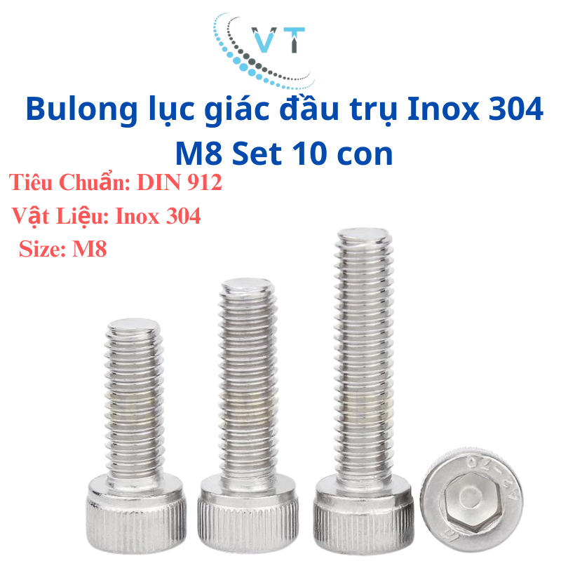 Set 10 Con Bu Lông Lục Giác Chìm Đầu Trụ Inox 304 M8 (8 Ly) Dài 15mm Đến 80mm - Ốc Lục Giác Kháng Rỉ Tiêu Chuẩn DIN 912