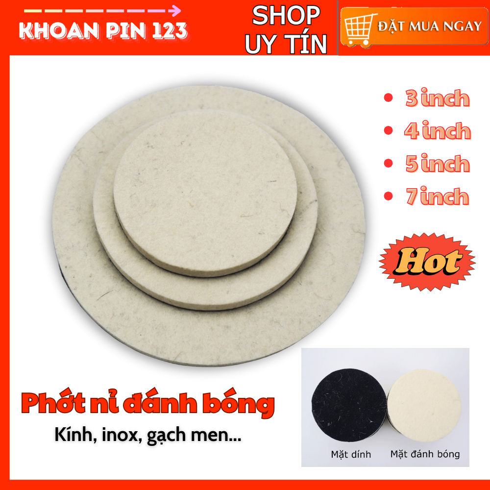Miếng phớt pad nỉ đánh bóng kính, inox size 3-4-5-7 inch tự dính ...