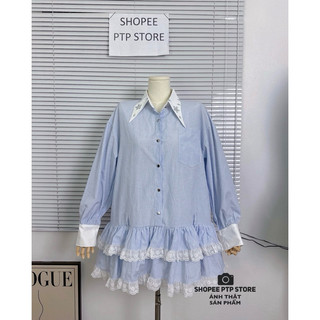 [V1.793] Váy Sơmi Kẻ Babydoll Cổ Đá Phối Chân Bèo Tầng Pha Ren Siêu Xinh