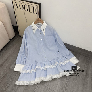 [V1.793] Váy Sơmi Kẻ Babydoll Cổ Đá Phối Chân Bèo Tầng Pha Ren Siêu Xinh