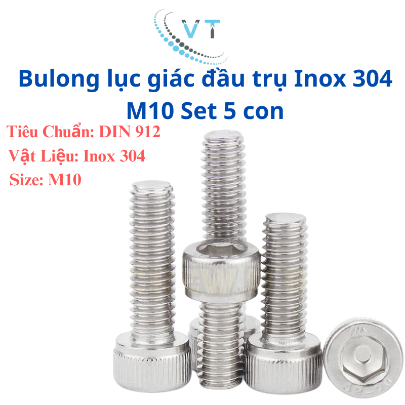 Bulong lục giác chìm đầu trụ Inox 304 M10 độ dài 20mm - 150mm (combo 5 con)