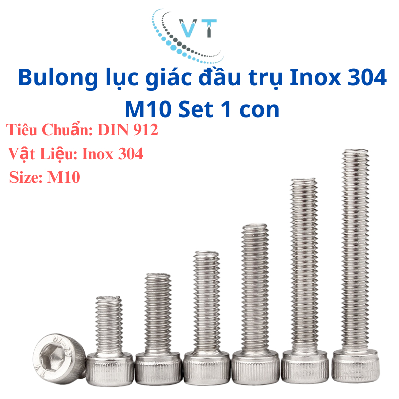 [Túi 5 Con] Bulong Lục Giác Chìm Đầu Trụ Inox 304 M10 (10 Ly) - Đủ Size 20mm Đến 150mm Chống Gỉ Sét
