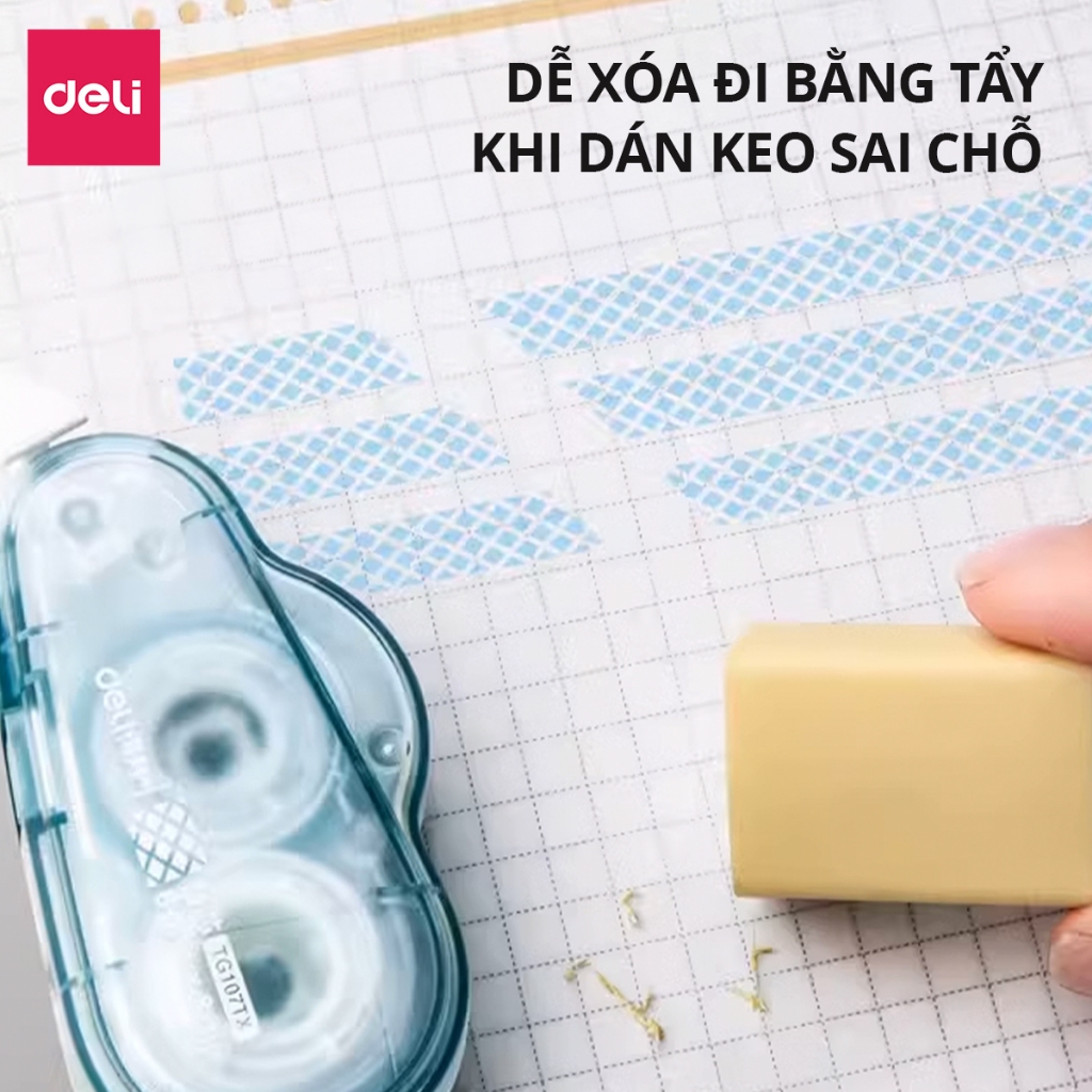 Băng Dính 2 Mặt Trong Suốt 8/12/16m Dạng Bút Kéo Deli Băng Dính Kéo 2 Mặt Nhiều Màu Siêu Dính Học Sinh Văn Phòng
