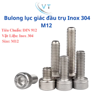 Bulong đầu lục giác chìm M12, đầu trụ INOX 304 25-150mm (túi 3 con)