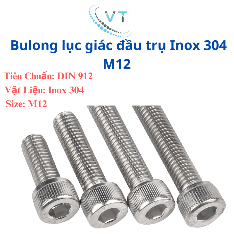 Bulong đầu lục giác chìm M12, đầu trụ INOX 304 25-150mm (túi 3 con)