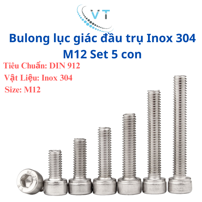 Bulong lục giác lục giác chìm đầu trụ Inox 304 M12 combo 5 con size từ 30mm - 150mm