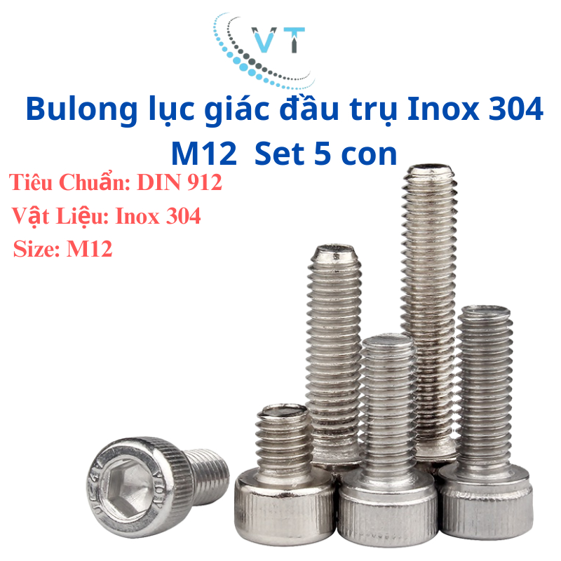 Bulong lục giác lục giác chìm đầu trụ Inox 304 M12 combo 5 con size từ 30mm - 150mm