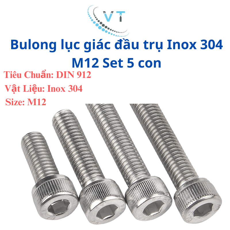 Bulong lục giác lục giác chìm đầu trụ Inox 304 M12 combo 5 con size từ 30mm - 150mm