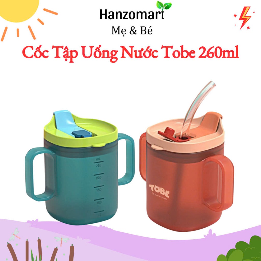 Cốc Tập Uống TOBÉ 260ml Ống Hút Silicone Hỗ Trợ Tập Hút Tay Cầm Nắp Đậy Chất Liệu Cao Cấp An Toàn Tuổi Từ 6m Van Đẩy