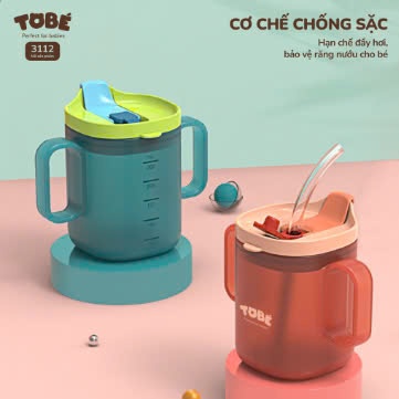 Cốc Tập Uống TOBÉ 260ml Ống Hút Silicone Hỗ Trợ Tập Hút Tay Cầm Nắp Đậy Chất Liệu Cao Cấp An Toàn Tuổi Từ 6m Van Đẩy