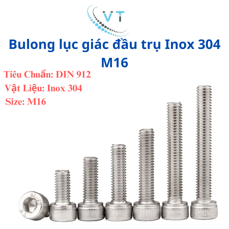 Bulong đầu lục giác chìm đầu trụ INOX 304 M16 độ dài 30-150mm (combo 10 con)