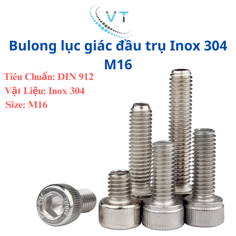 Bulong đầu lục giác chìm đầu trụ INOX 304 M16 độ dài 30-150mm (combo 10 con)