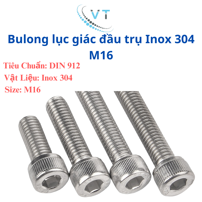 Bulong đầu lục giác chìm đầu trụ INOX 304 M16 độ dài 30-150mm (combo 10 con)
