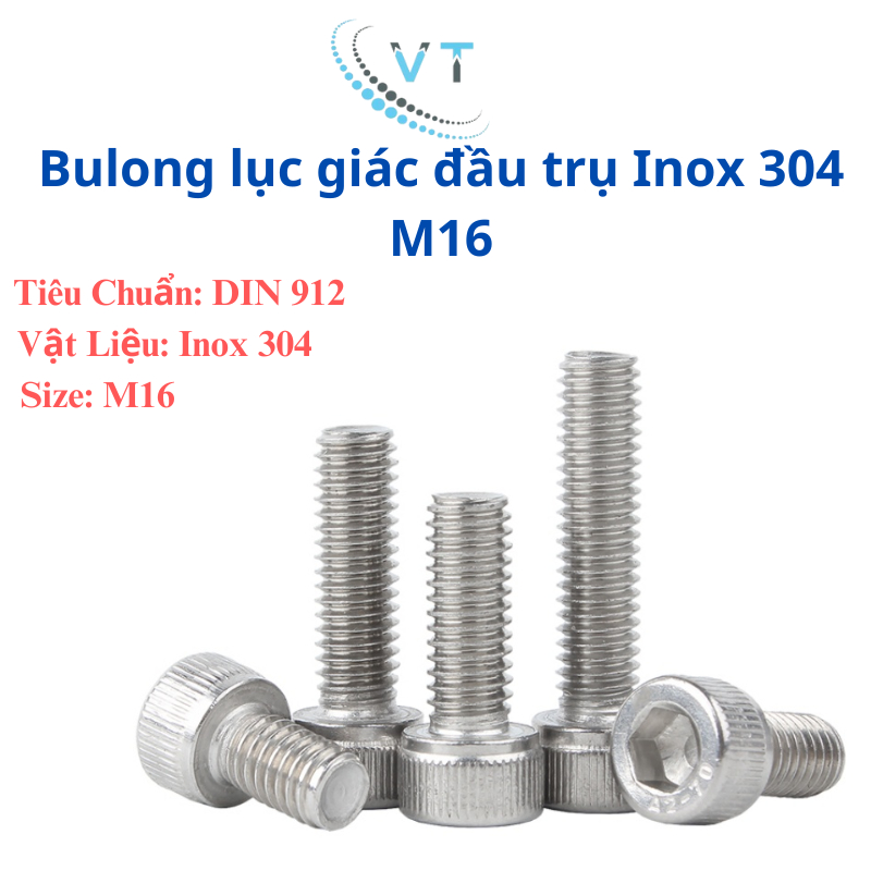 Bulong đầu lục giác chìm đầu trụ INOX 304 M16 độ dài 30-150mm (combo 10 con)