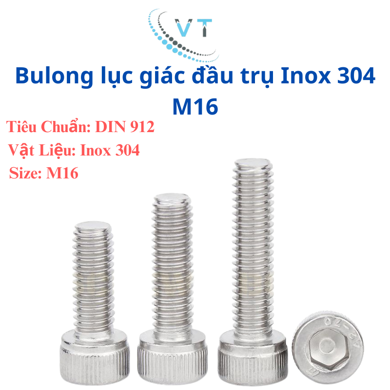 Bulong lục giác đầu trụ Inox 304 M16, Bulong đầu lục giác chìm M16 30mm - 150mm (số lượng 1 con)