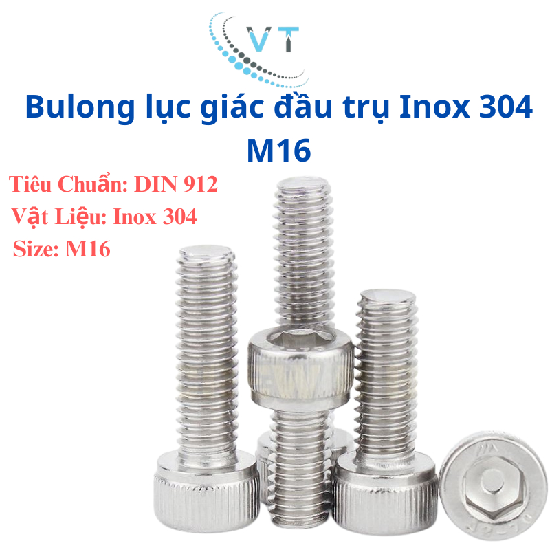 Bulong lục giác đầu trụ Inox 304 M16, Bulong đầu lục giác chìm M16 30mm - 150mm (số lượng 1 con)