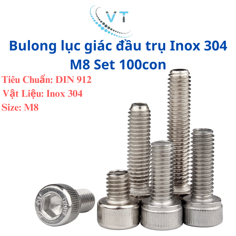 Combo 100 Chiếc Bu Lông Lục Giác Chìm Đầu Trụ Inox 304 M8 (8 Ly) - Ốc Lục Giác Kháng Rỉ Cao Cấp DIN 912