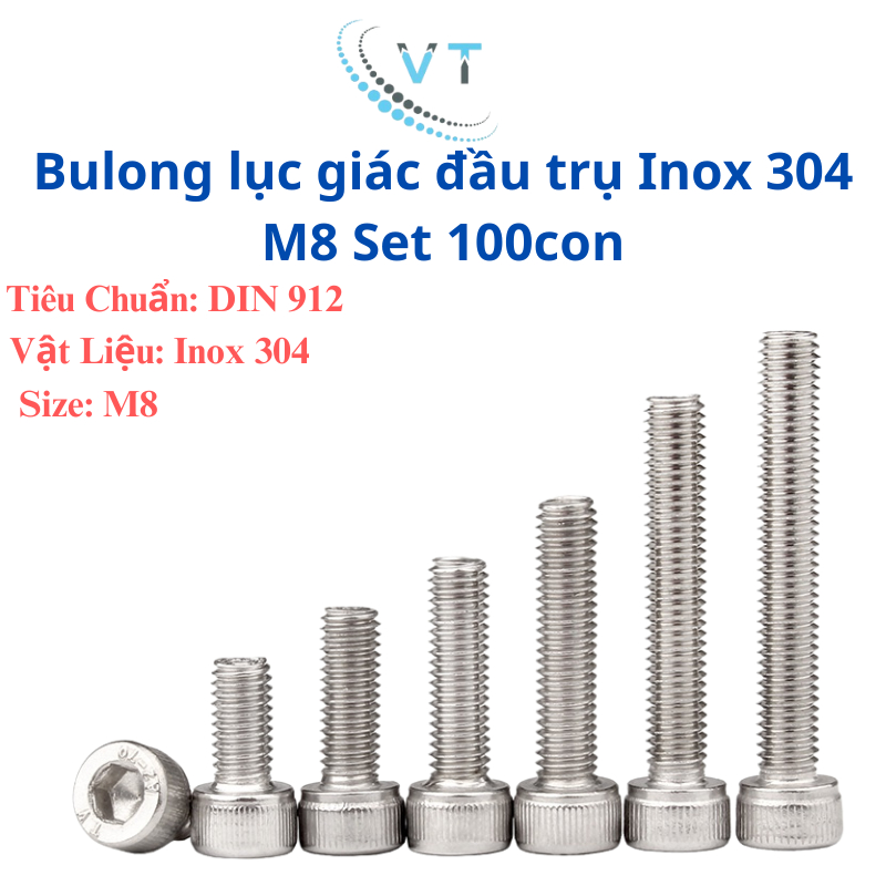 Combo 100 Chiếc Bu Lông Lục Giác Chìm Đầu Trụ Inox 304 M8 (8 Ly) - Ốc Lục Giác Kháng Rỉ Cao Cấp DIN 912