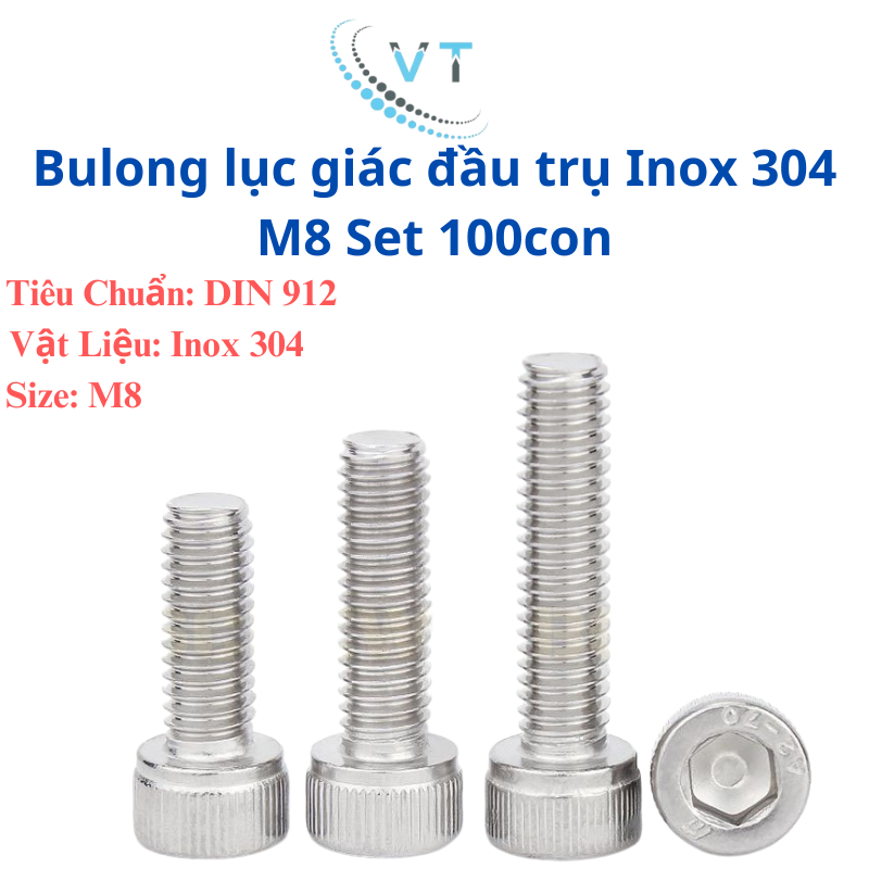Combo 100 Chiếc Bu Lông Lục Giác Chìm Đầu Trụ Inox 304 M8 (8 Ly) - Ốc Lục Giác Kháng Rỉ Cao Cấp DIN 912