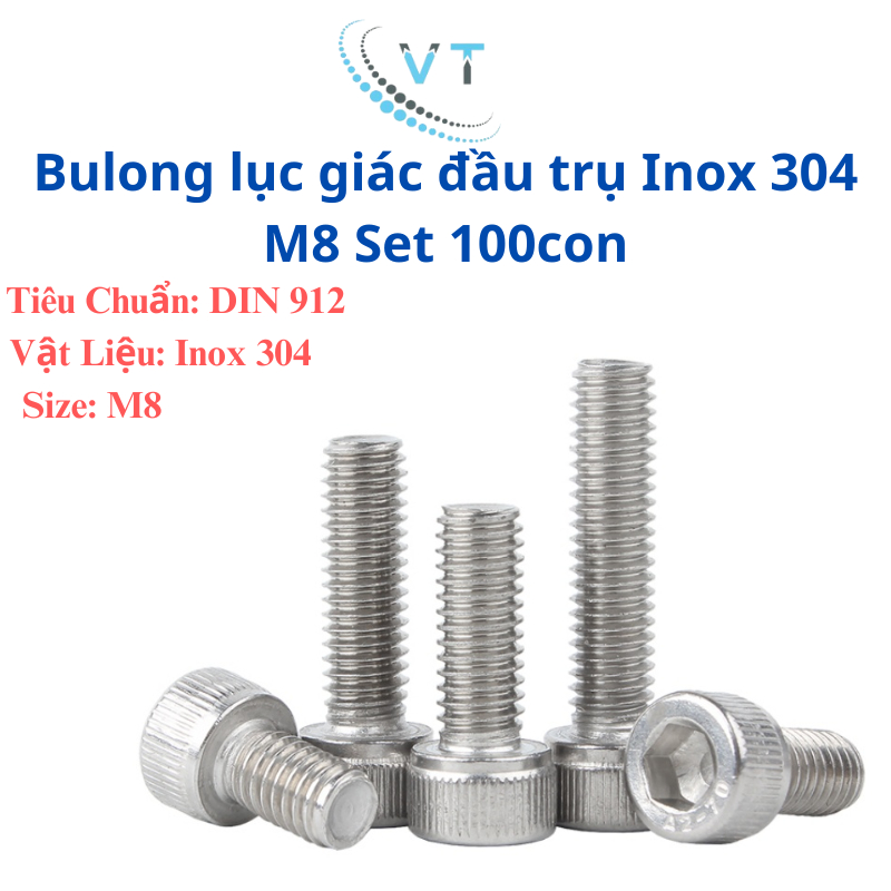 Combo 100 Chiếc Bu Lông Lục Giác Chìm Đầu Trụ Inox 304 M8 (8 Ly) - Ốc Lục Giác Kháng Rỉ Cao Cấp DIN 912