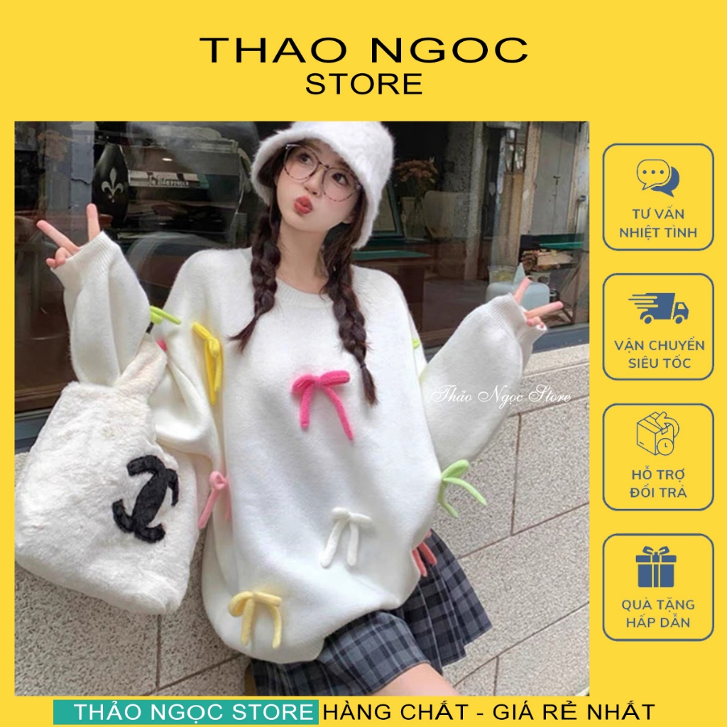 Áo len nữ tay dài form rộng đính nơ! (có sẵn, hình thật) THẢO NGỌC ...