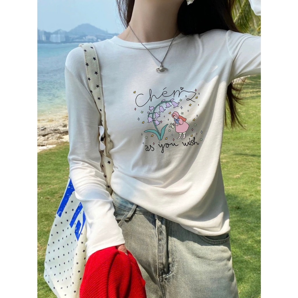 Áo Thun Tay Dài Cổ tròn dáng ôm vừa Co Giãn Tốt in hình Thời Trang July fashion202, Áó dài tay thun len tăm màu pastel